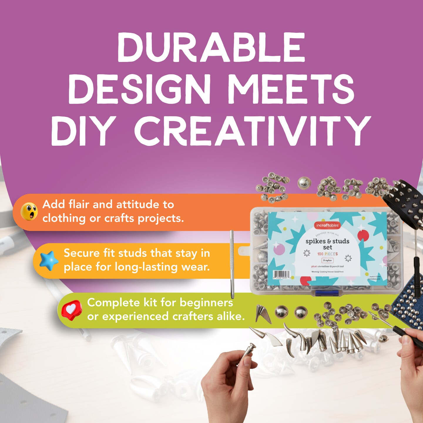 Incraftables Assorted Studs and Spikes Set (100pcs). Silver Spikes for Clothing (Small, Medium &#x26; Large) Kit. Metal Studs for Clothing for Crafts, Clothes, Crocs &#x26; Shoes w/ Screwdriver &#x26; Punch Tool