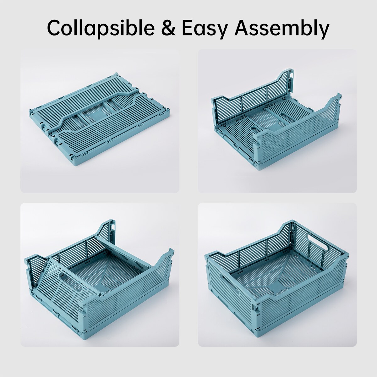 VUSIGN Large Blue Collapsible Storage Crates – 16″×12″×6.2″ Fold-Flat Plastic Bins for Home & Office Organization, 4-Pack