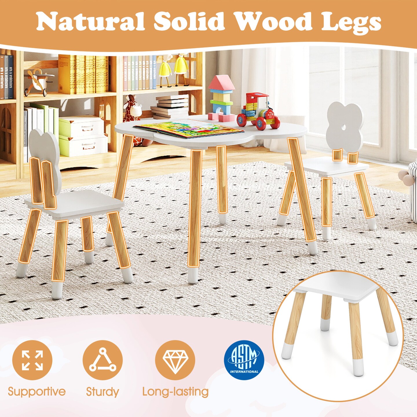 Kids Wooden Flower Table and Chair Set – 3-Piece Toddler Play Furniture with Solid Pine Legs