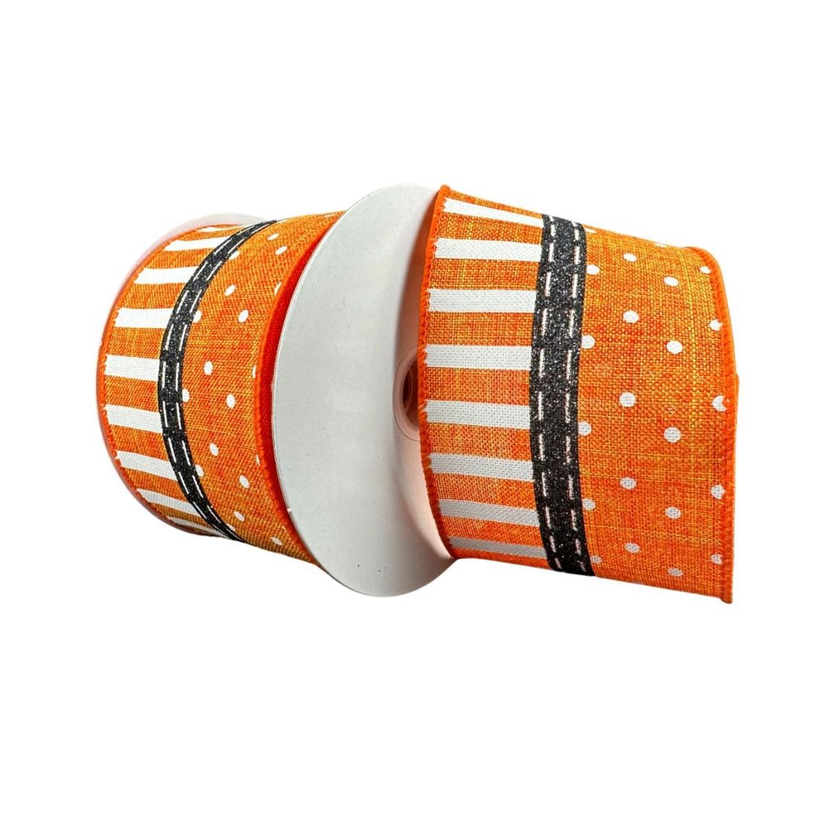 2.5&#x22; Linen Dots &#x26; Stripes Ribbon: Orange, Black, White (10 Yards)