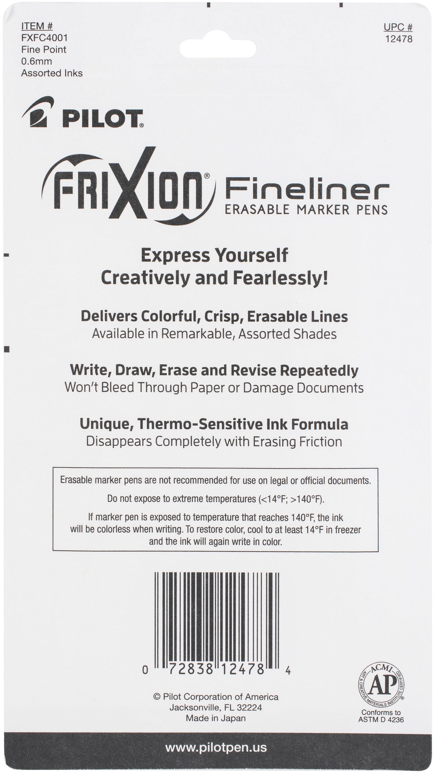 Pilot FriXion Fineliner Fine Pt. Erasable Marker Pens 4/Pkg-Assorted
