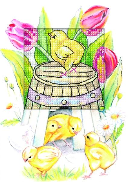 Complete counted cross stitch kit - greetings card "Easter chickens" 6265