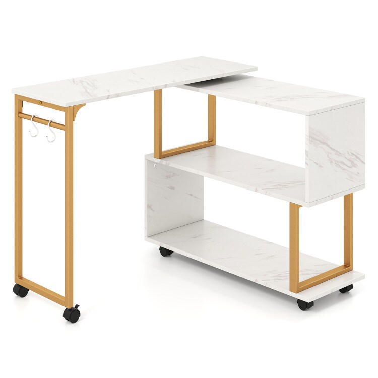 Modern White and Gold Rotating End Table with Storage Bookcase Rolling Sofa Side Desk