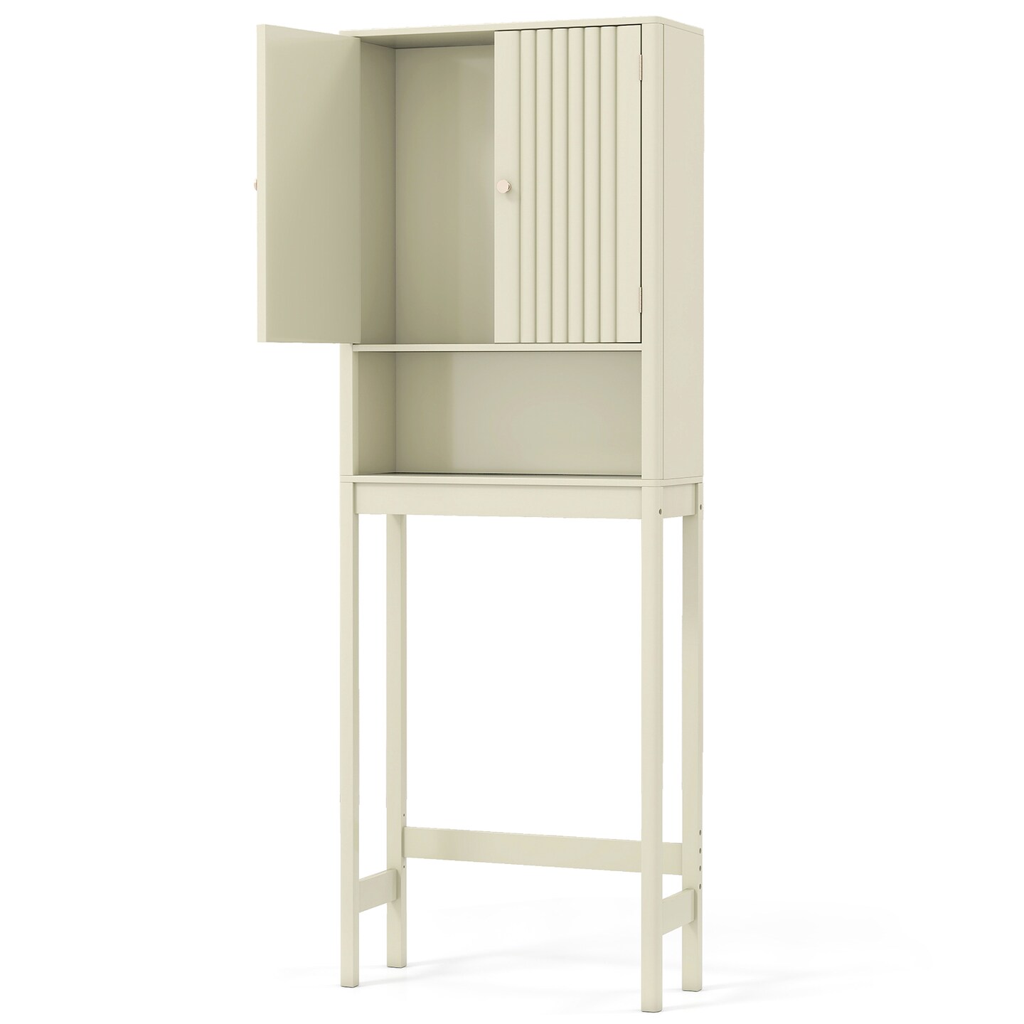 Beige MDF Over-The-Toilet Storage Cabinet with Adjustable Shelves and Fluted Doors