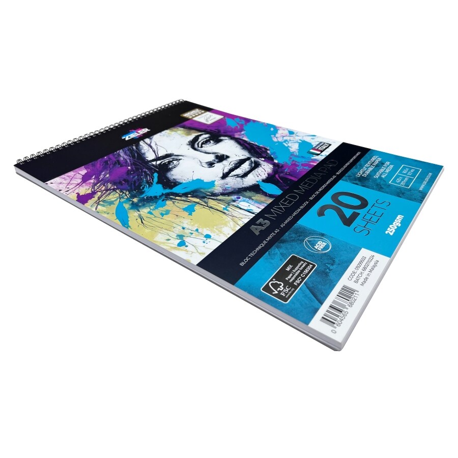 Zieler A3 Spiral Bound Mixed Media Paper Pad – 250gsm, 20 sheets