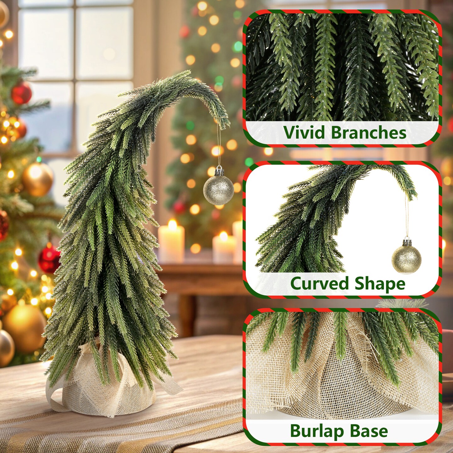 20" Curved Grinch Christmas Tree – Artificial Pine with Golden Ornament & Burlap Base, Small Tabletop Holiday Decor