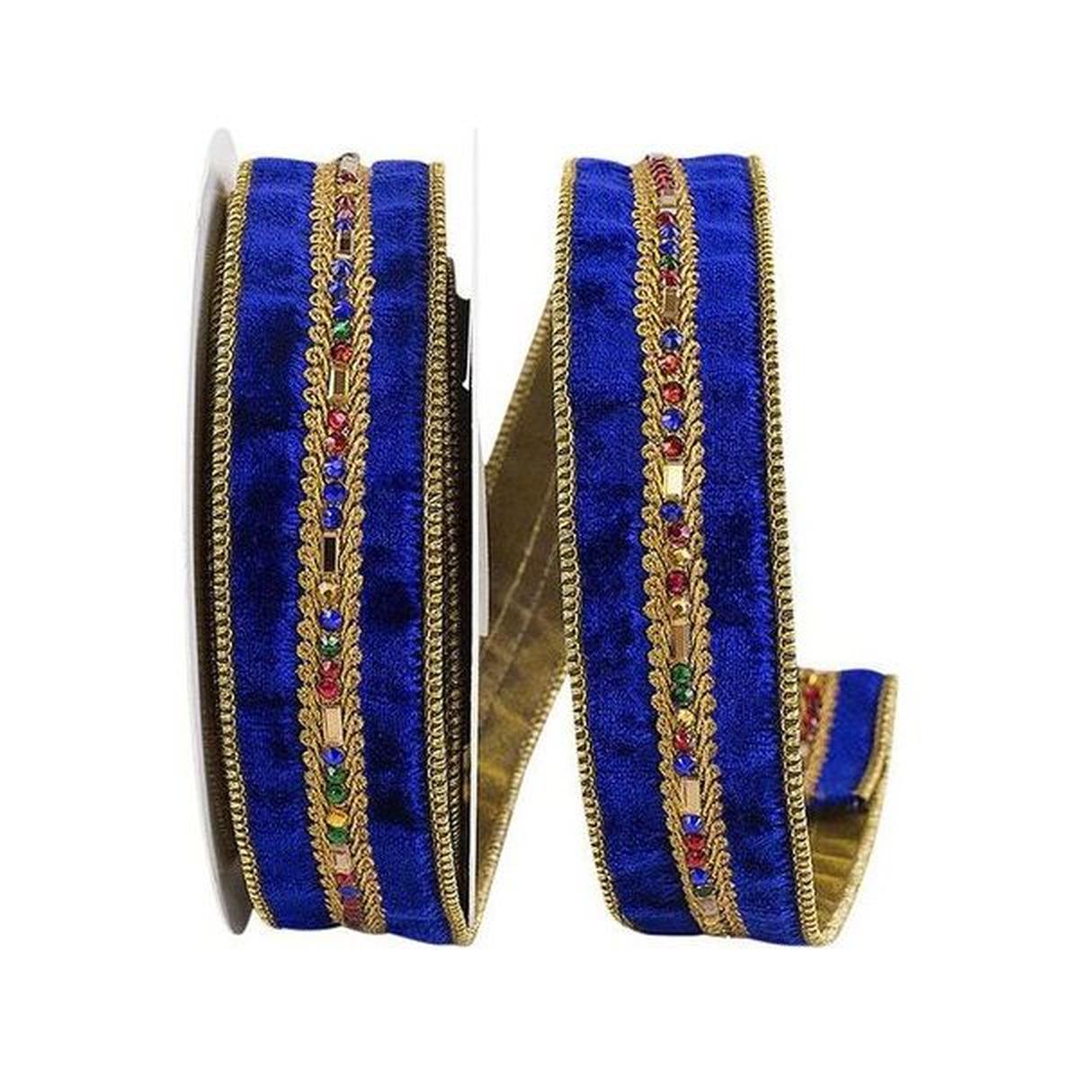 1.5&#x22; Jewel Stones Velvet Ribbon: Royal Blue (5 Yards)