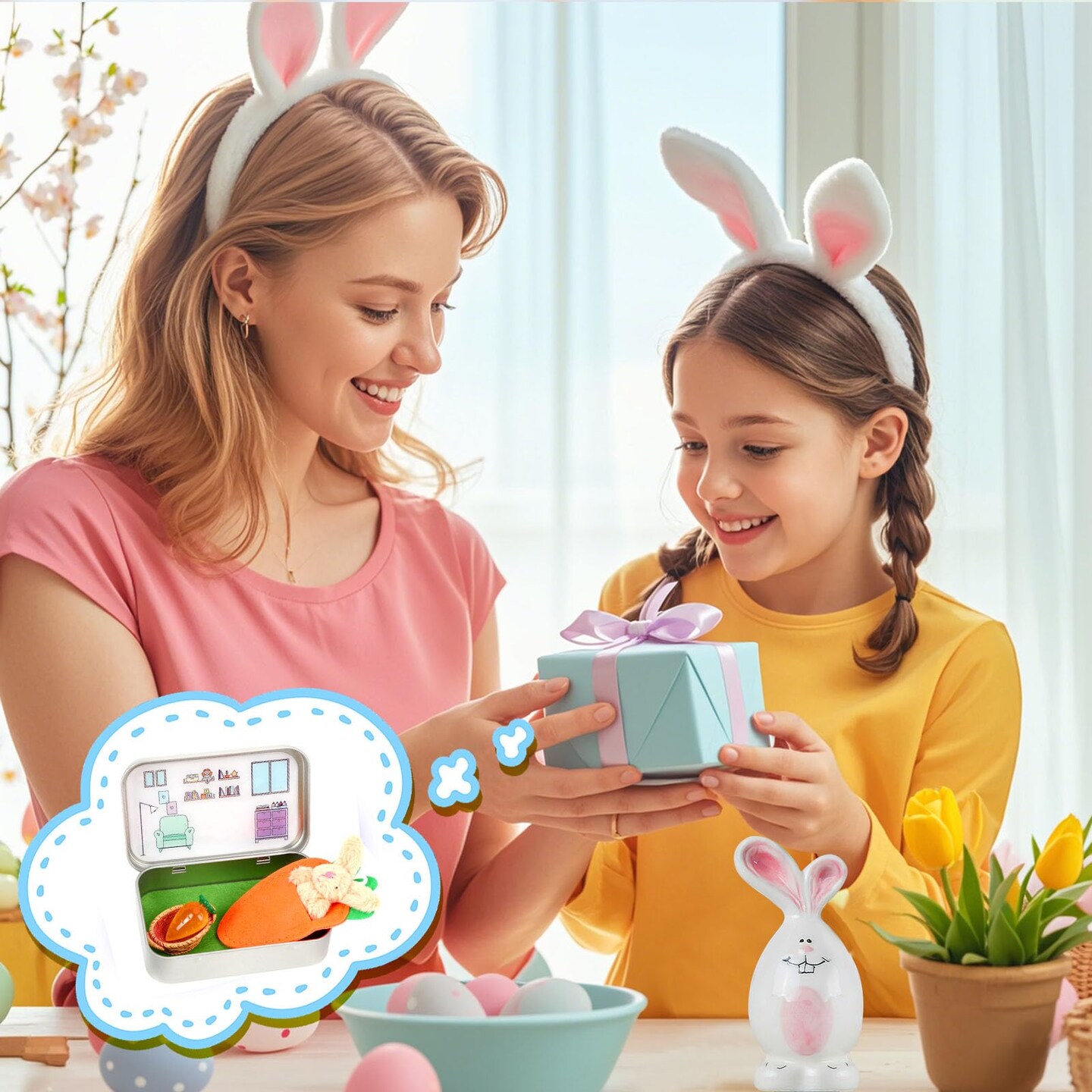 Little Pocket Bunny, Easter Basket Stuffer, Easter Gifts for Kids, DIY Pet Bunny Adoption, Easter Baskets,Cute Rabbit in Tin Box, Travel Buddy