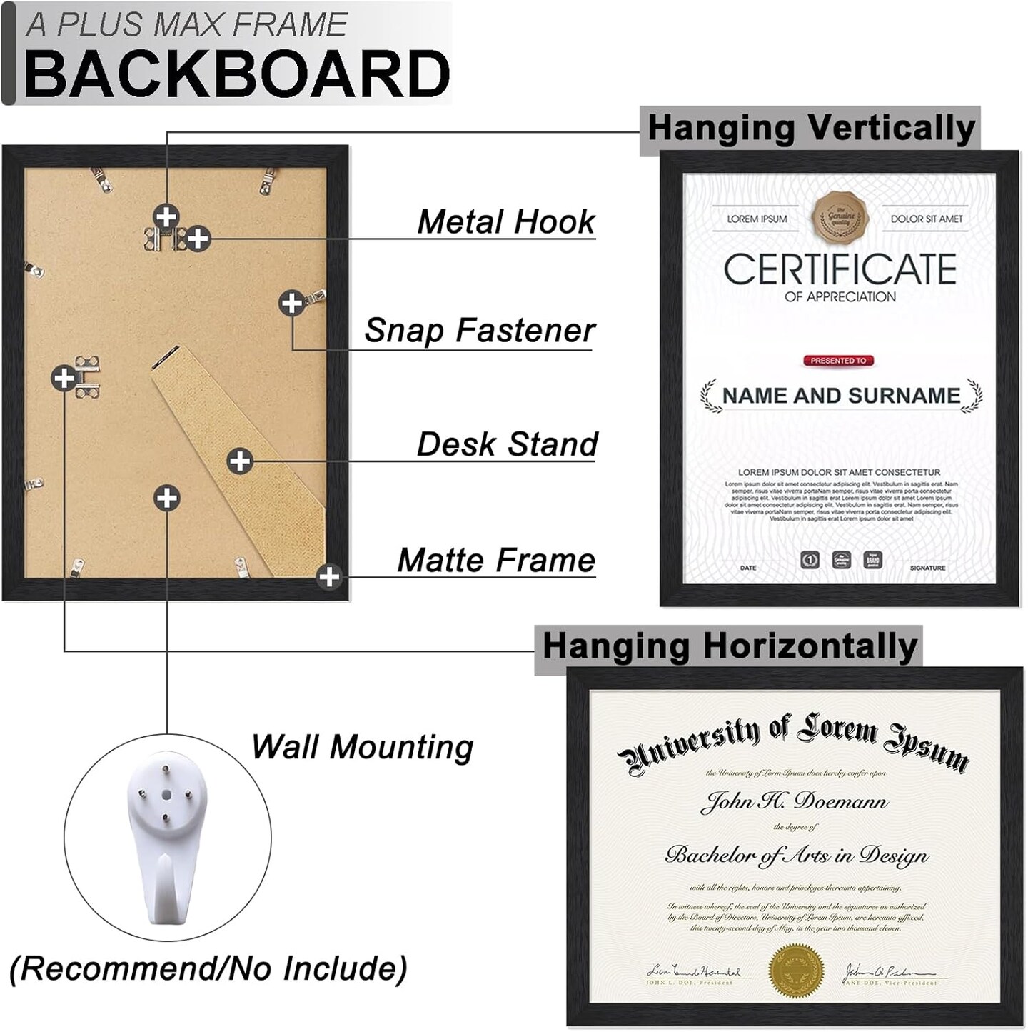 Black 8.5 x 11 Frame Set of 3, Engineered Wood Frame with Wood-grain for Display 8.5 by 11 Document Award Certificate Wall and Tabletop - 3 Pack/Black/8.5x11