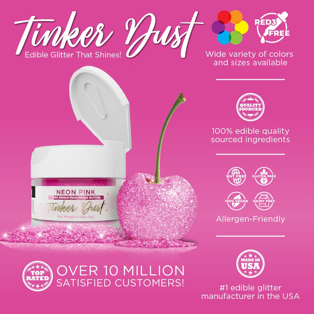 Bakell - Neon Pink Tinker Dust Edible Glitter (5g, 1x Jar) for Food, Desserts, and Beverages!