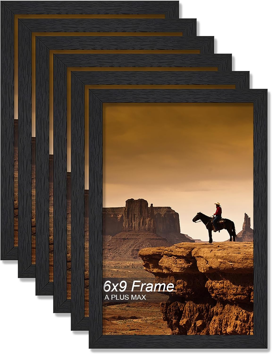 6x9 Picture Frame Set of 6, Black Engineered Wood Frame for 6 x 9 Inch Picture Poster Photo, Light Weight 6 by 9 Frame with Wood-grain for Wall
