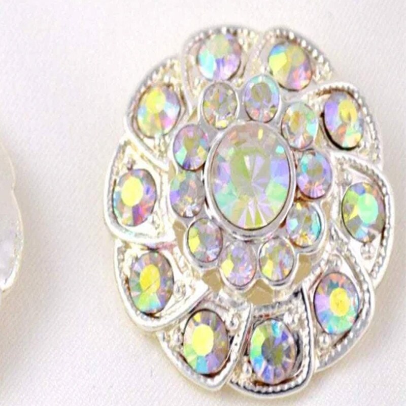3/4&#x22; AB Rhinestone Silver Metal Flower Button 1 Piece