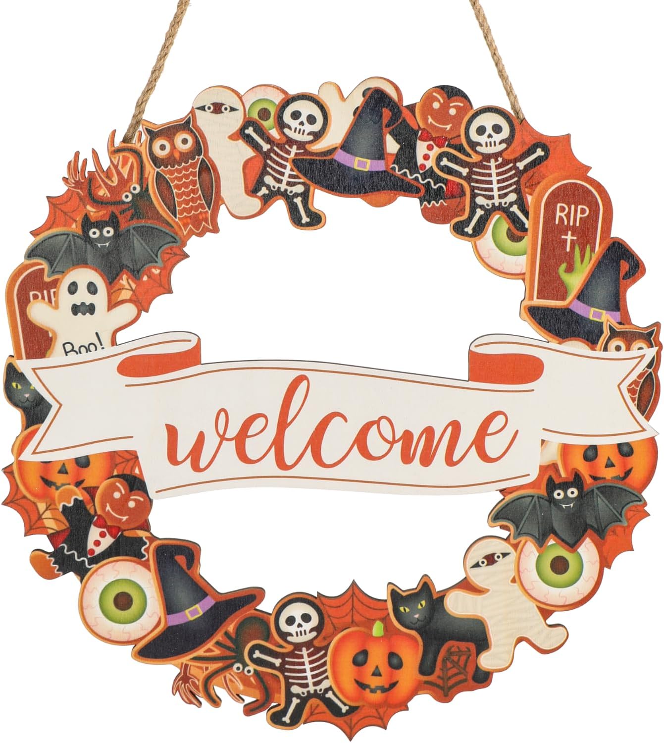 Halloween Wooden Wreath,Welcome Hanging Sign Decorations,Ghost Pumpkin Skull Wood