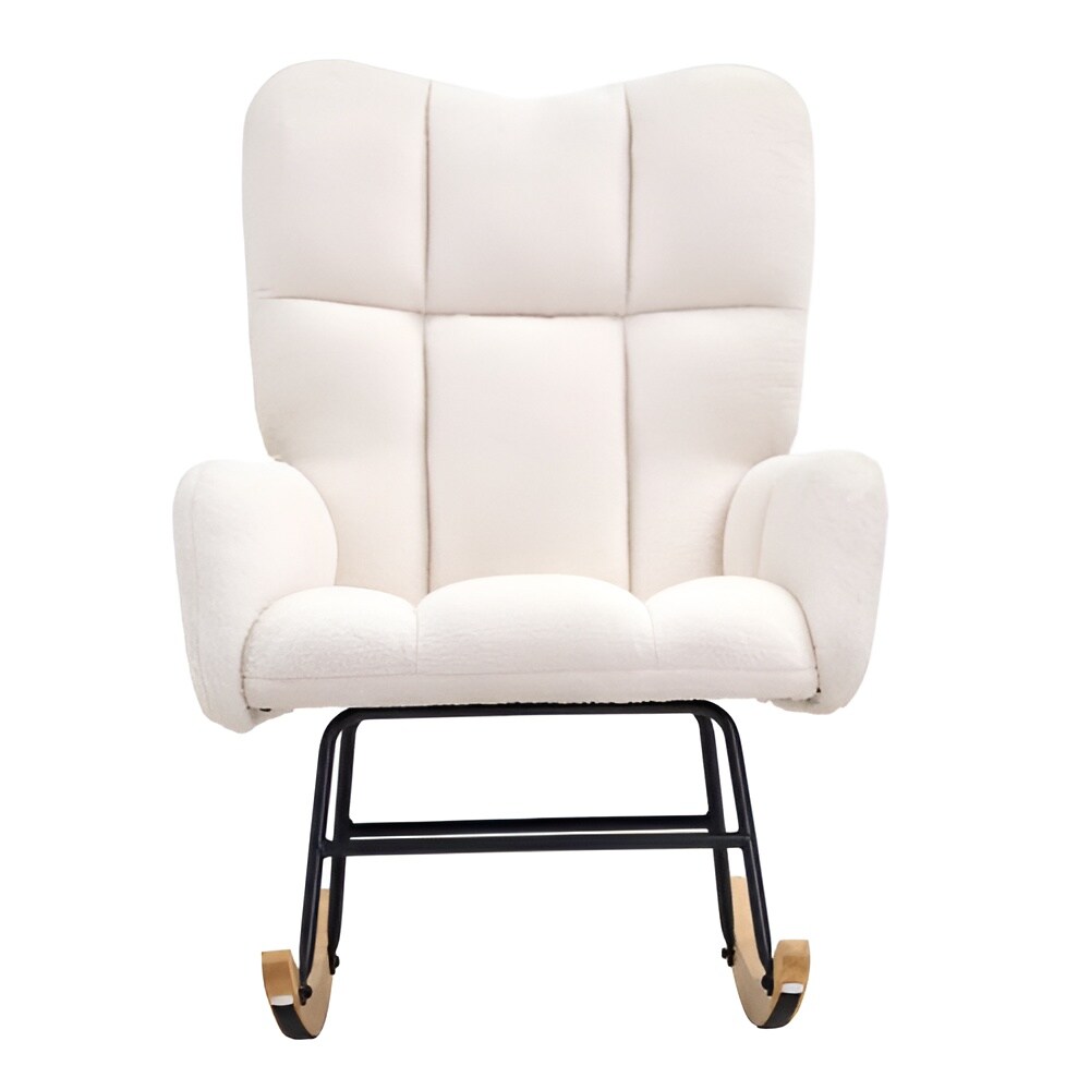 Ivory White Teddy Velvet Nursery Rocking Chair Ergonomic High-Back Glider with Rubberwood Base