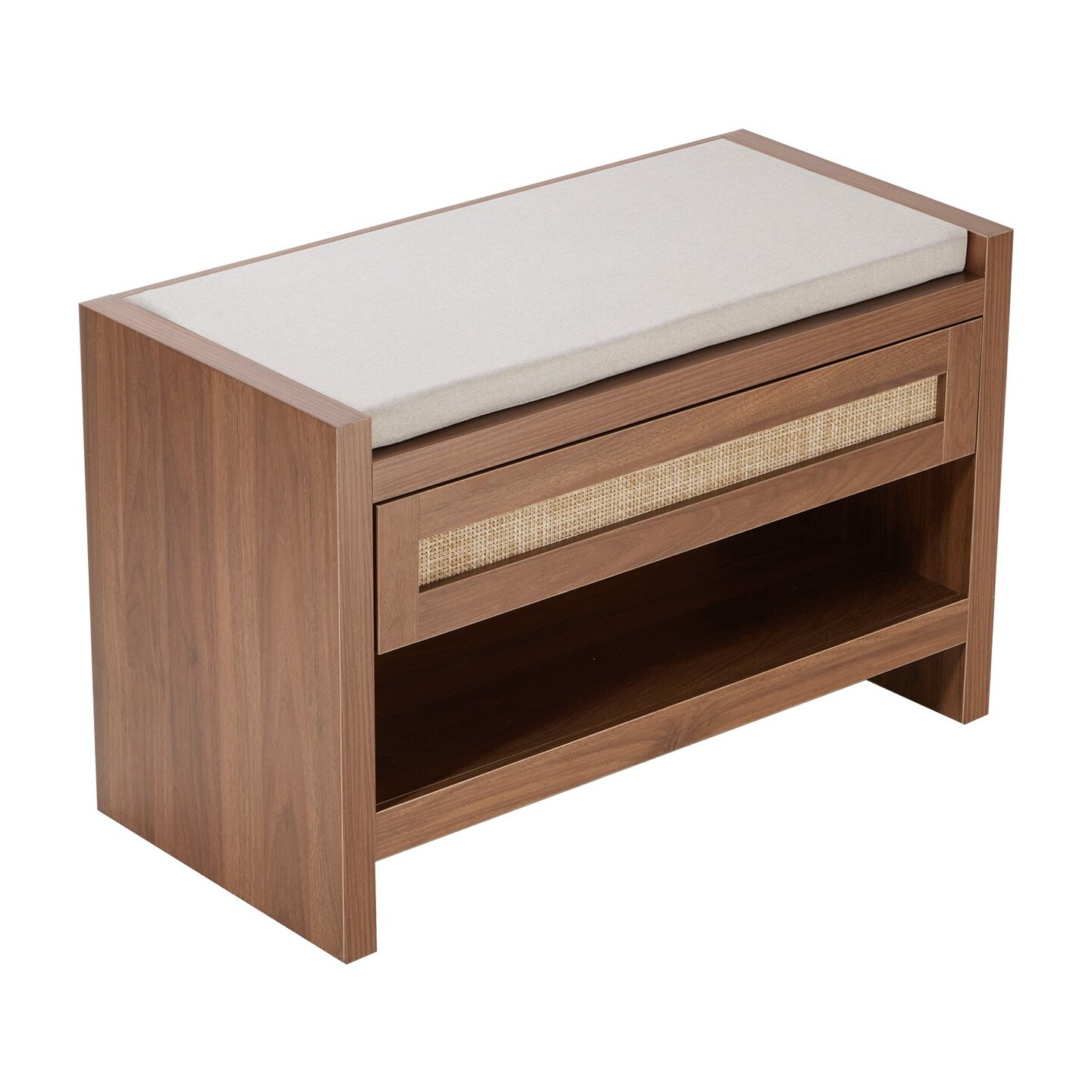 Brown Linen Sponge Rattan Bench with 3-Layer Storage and Non-Slip Feet