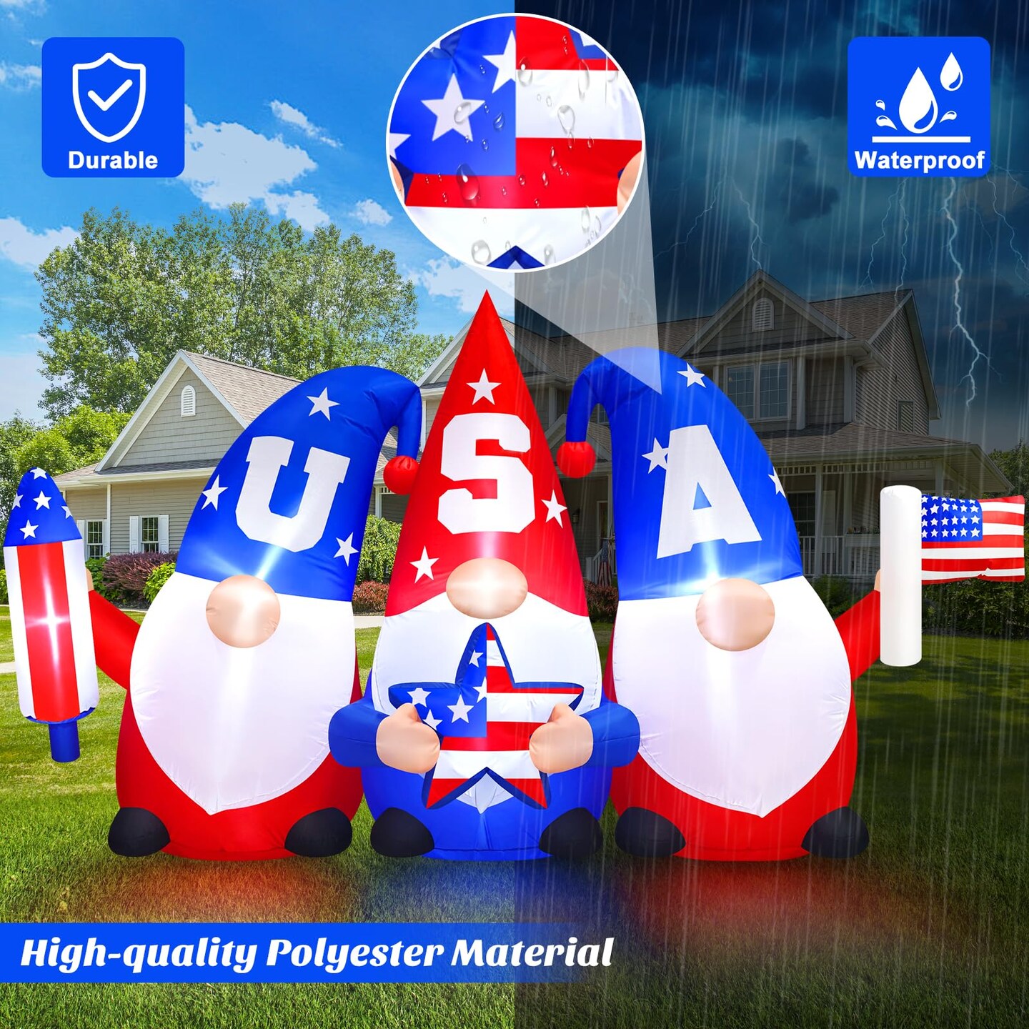 8 FT Long Patriotic 4th of July Inflatables Outdoor Decorations Independence Day 3 Gnomes Holding Flag, Rocket and Star, Built in LED Lights Blow Up Yard Decor for Memorial Day, Lawn, Garden, Party