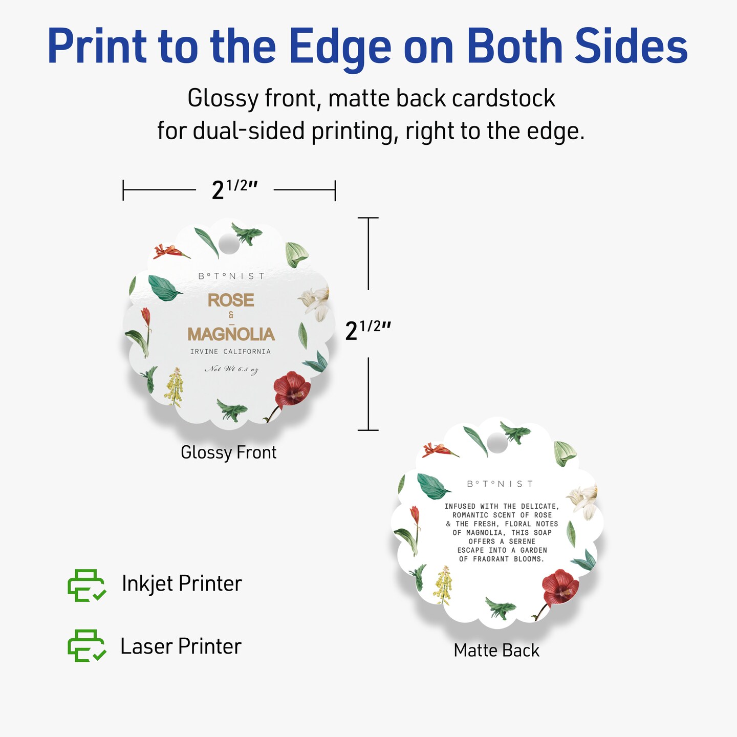 2-1/2" Diameter Round Scalloped Edge, Glossy White Printable Tags