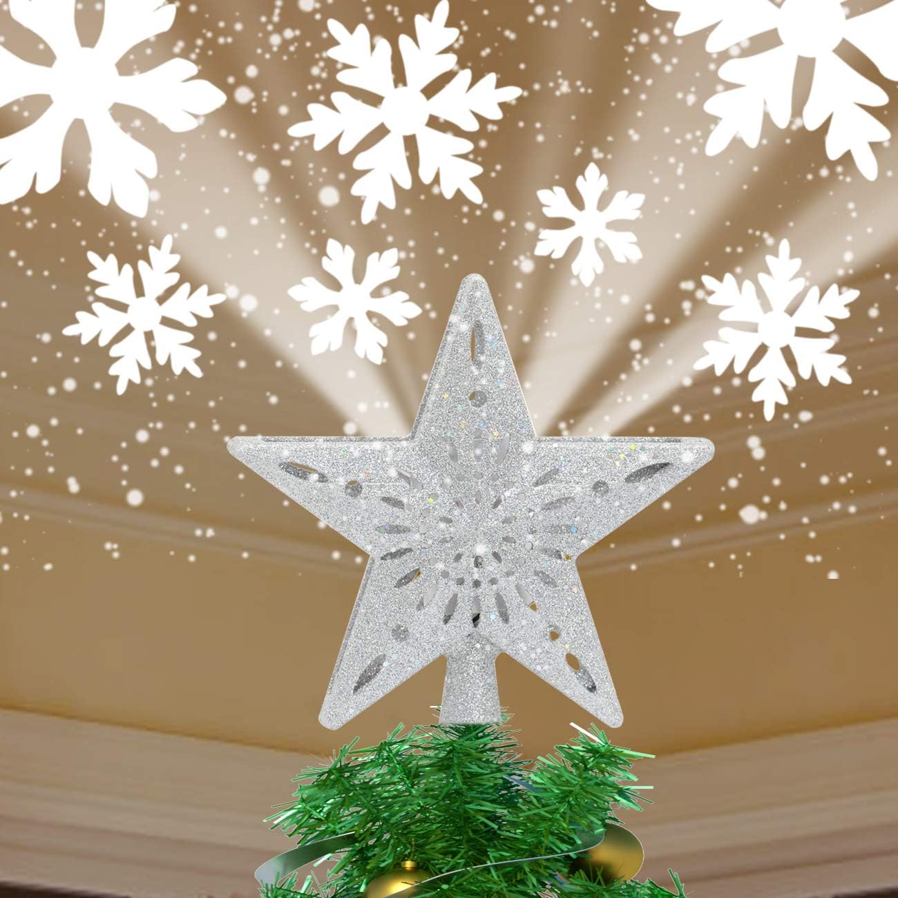 Star Christmas Tree Topper Lighted with Built-in Rotating Magic Ball (Silver)