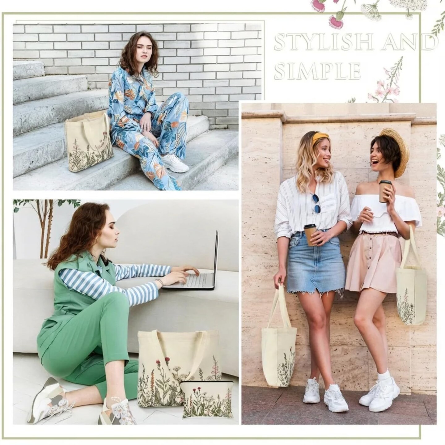 2 Pcs Wildflower Aesthetic Canvas Tote Bags for Women with Makeup Zipper Pouch Mother's Day Cute Floral Reusable Shoulder Tote Bag for Graduation Teacher Beach Shopping Travel Work Gym Grocery