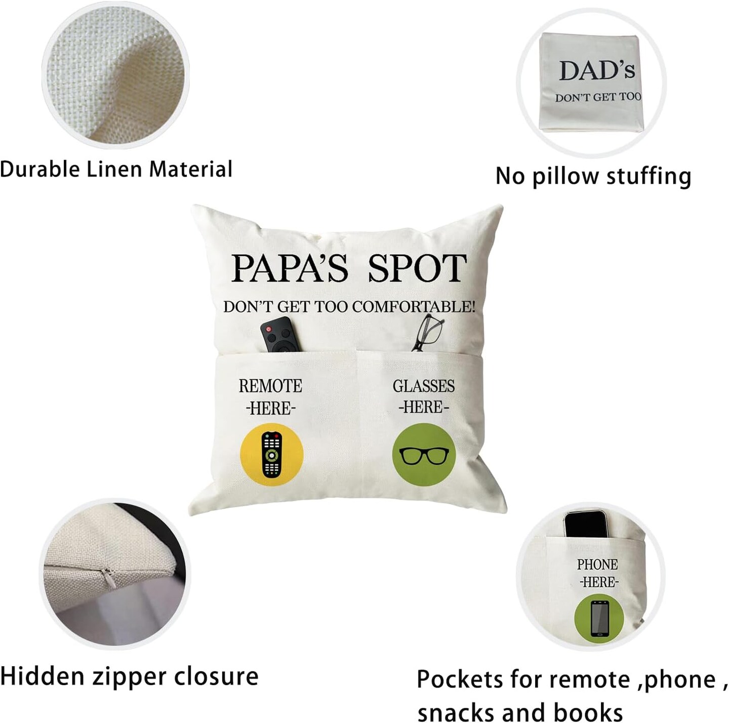 Papa Gifts Throw Pillow Case, Papa&#x27;s Spot Throw Pillow Covers 18 x 18 Inch,Birthday Christmas Thanksgiving Day Gifts for Papa Stepdad 2-Pocket