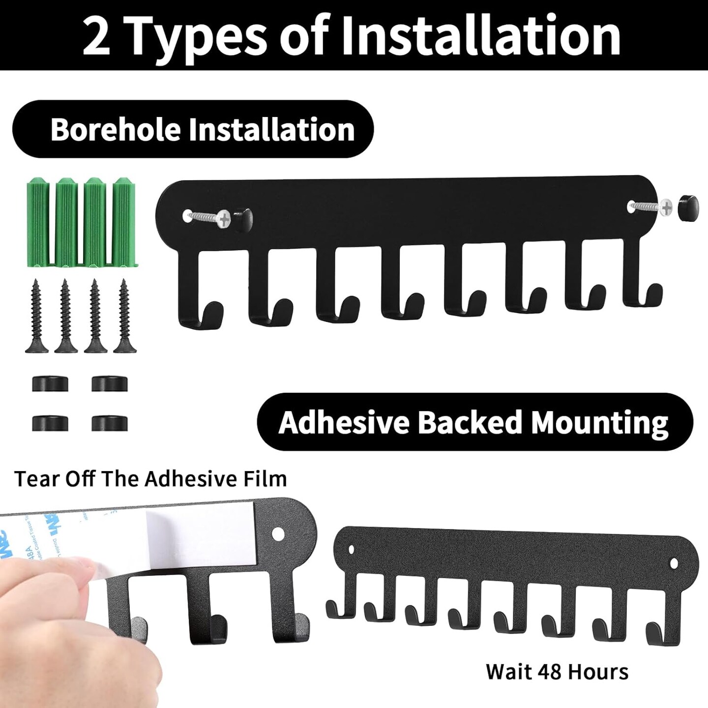 2 Pack Wall Mount Key Holder, Key Hanger Wall Mount with 8 Hooks, Adhesive Key Holder for Wall, No-Drill Decorative Black Key Rack for Living Room, Kitchen, or Bathroom