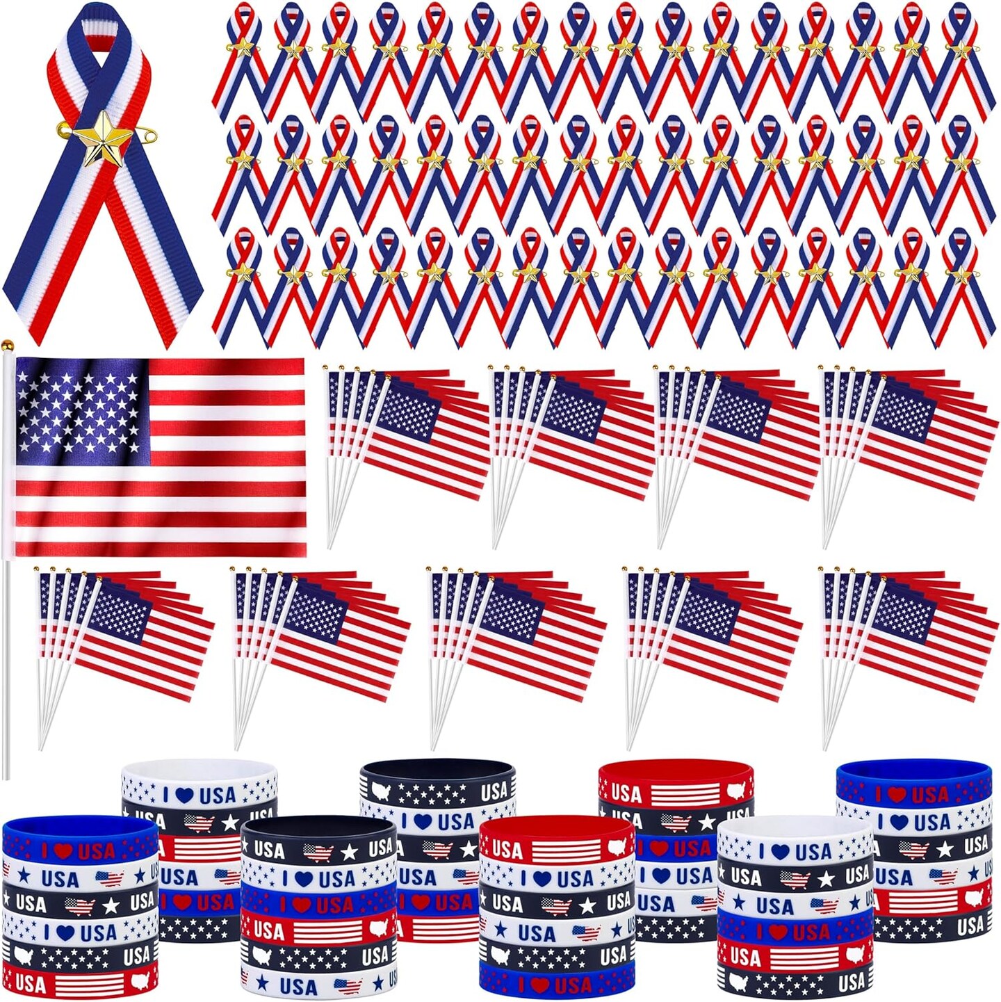 144 Pieces Memorial Day Ribbon Pins Patriotic Red White Blue Stripe Ribbon Pin with Star Patriotic Decorations Memorial Day Veterans Day Gift for Women Men