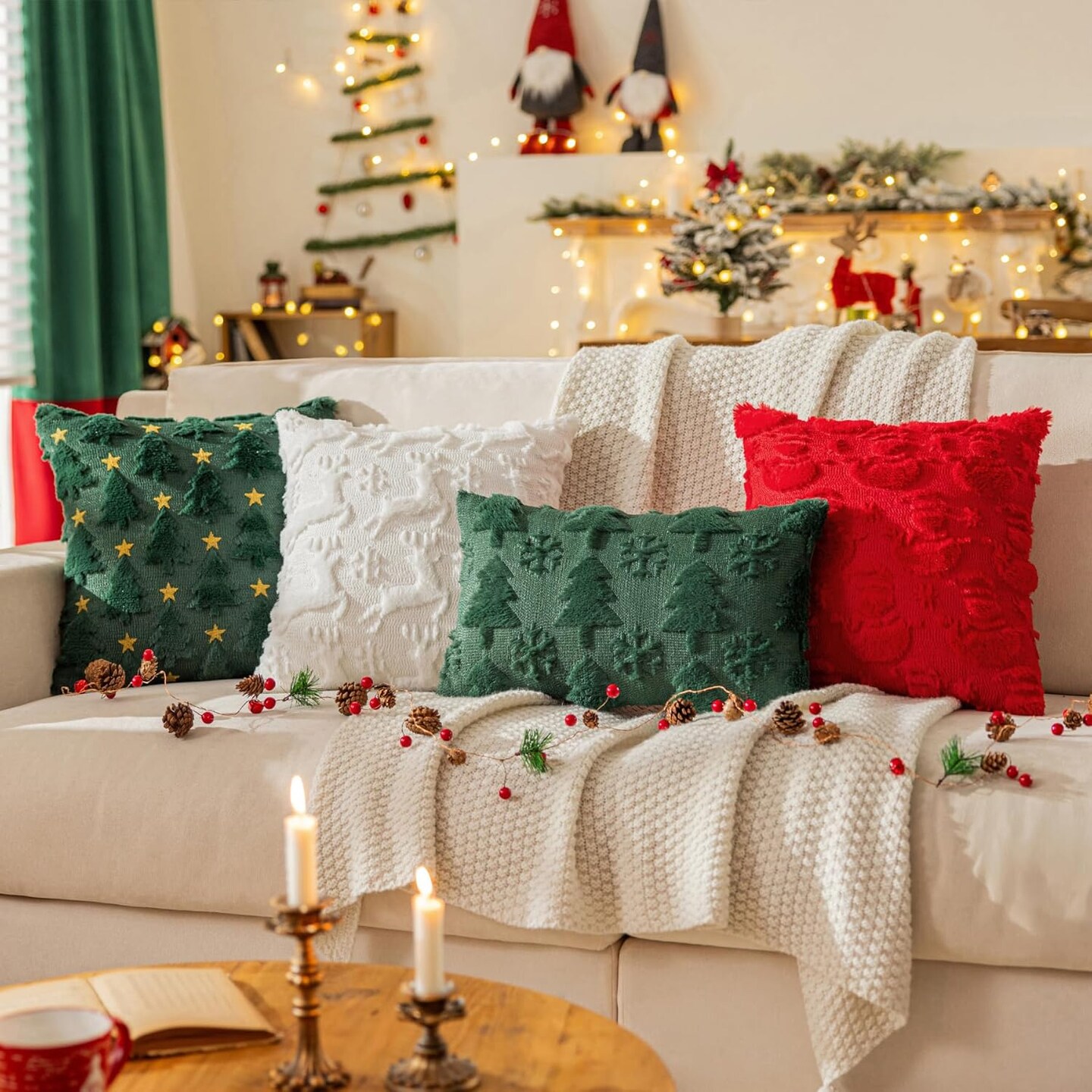 Green Christmas Tree Throw Pillow Covers 18"x18", Star Shaped Embroidered Pillow Covers Winter Soft Plush Embroidery Cushion Covers Decorative Holiday Pillowcases for Thanksgiving Home Decor