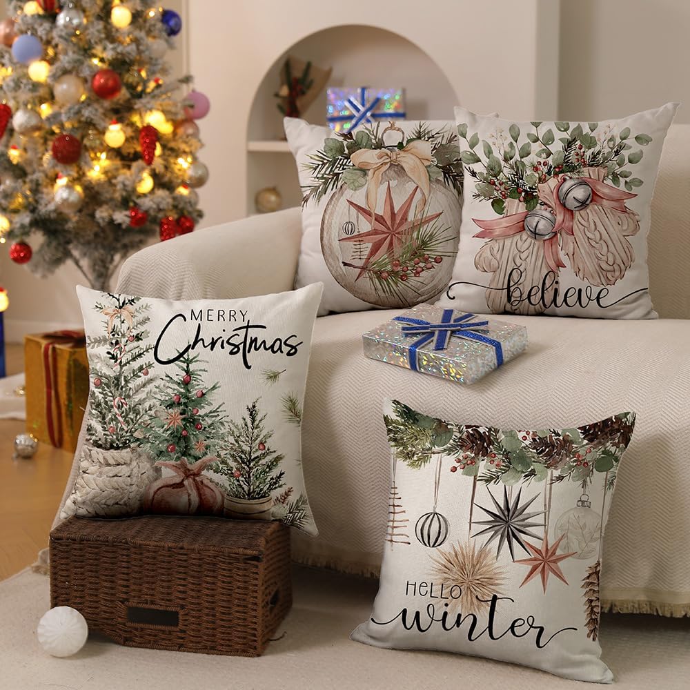 Christmas Pillow Covers 18x18 inch Set of 4 Christmas Tree Gloves Hello Winter Decorative Throw Pillow Covers Winter Farmhouse Decoration for Home Couch 134