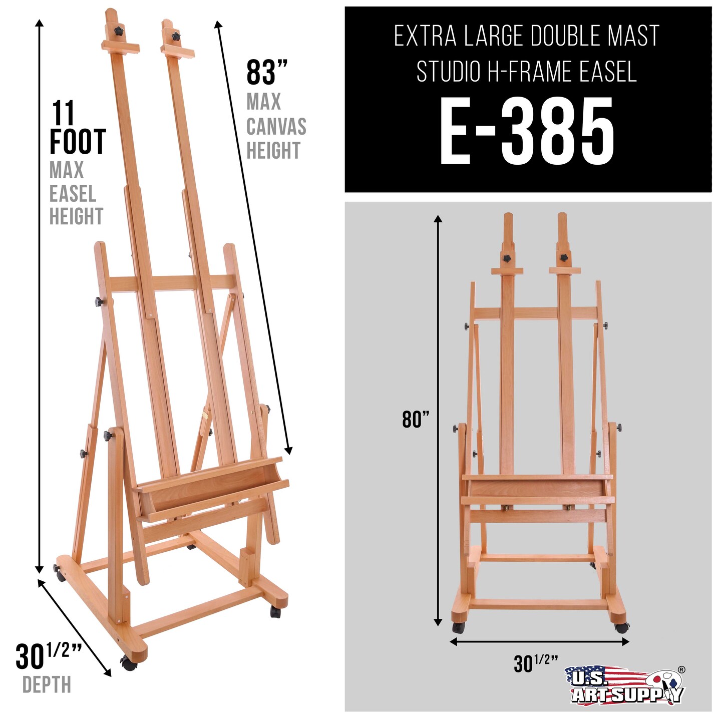 Extra Large Double Mast Wooden H-Frame Easel: Adjustable Studio Artist Easel for Painting with Rotating Canvas Stand, Artist Storage Tray &#x26; Locking Pro Caster Wheels, Premium Beechwood