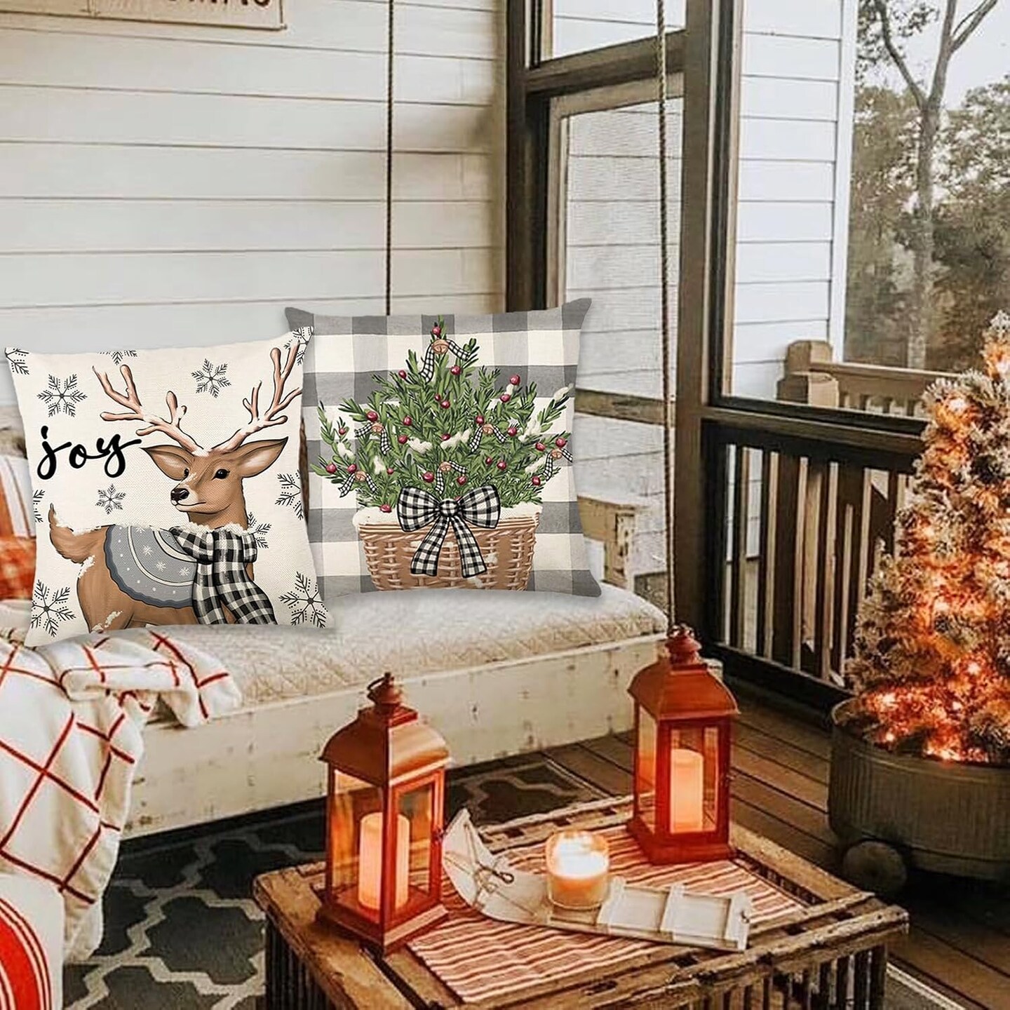 Christmas Pillow Covers 18 x18 Inch Set of 4 Christmas Snowman Reindeer Gloves Eucalyptus Throw Pillow Covers Winter Holiday Cushion Case for Home Couch