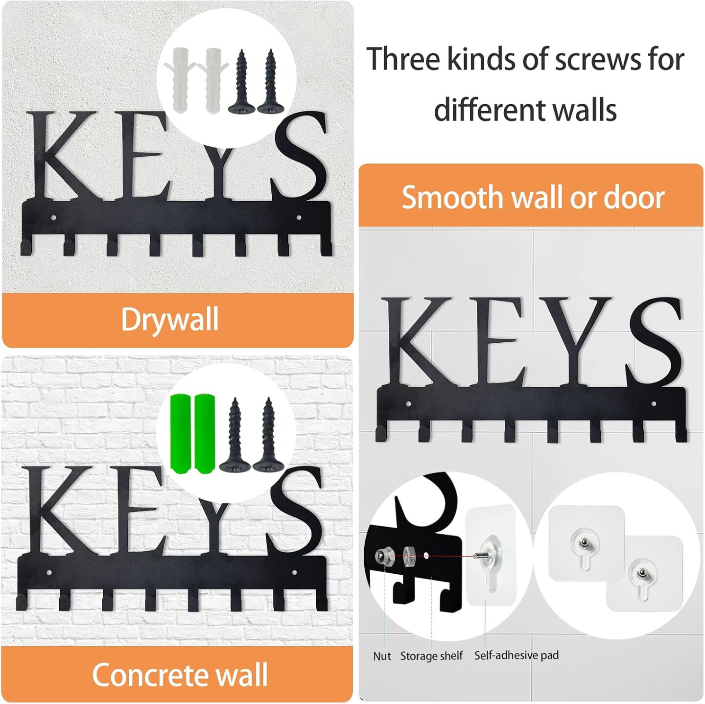 Metal Key Hanger Wall Mount, Key Holder Wall Mounted Key Hooks Organizer Key Hanger Rack Wall Mounted for Home, Entryway, Hallway, Office, Matte Black,11.4''4.9''0.6''