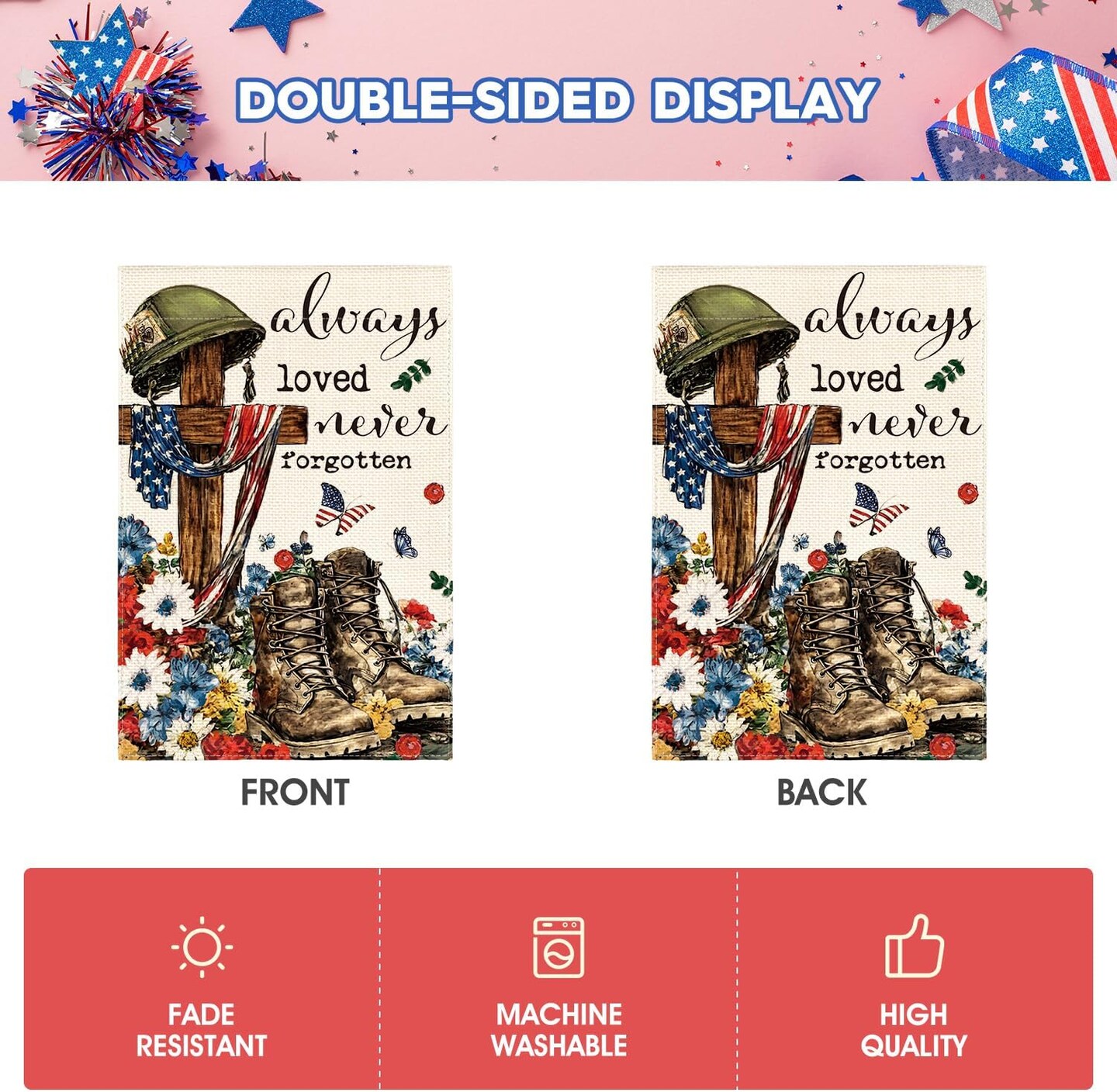 Memorial Day Always Loved Never Forgotten Heroes Garden Flag 12x18 Inch Double Sided, Military Soldiers Boots Patriotic Veteran Yard Outdoor Decoration
