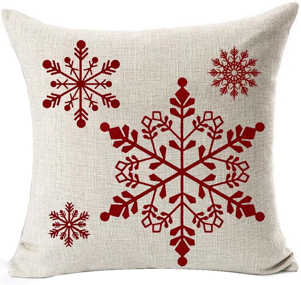 Set of 4 Throw Pillow Cover Christmas Beige Shadow Let It Snow Snowflakes Red Cotton Linen Throw Pillow Case Cushion Cover for Sofa Bed Couch Home Decor Square 18 X 18 Inches(Blood Red)