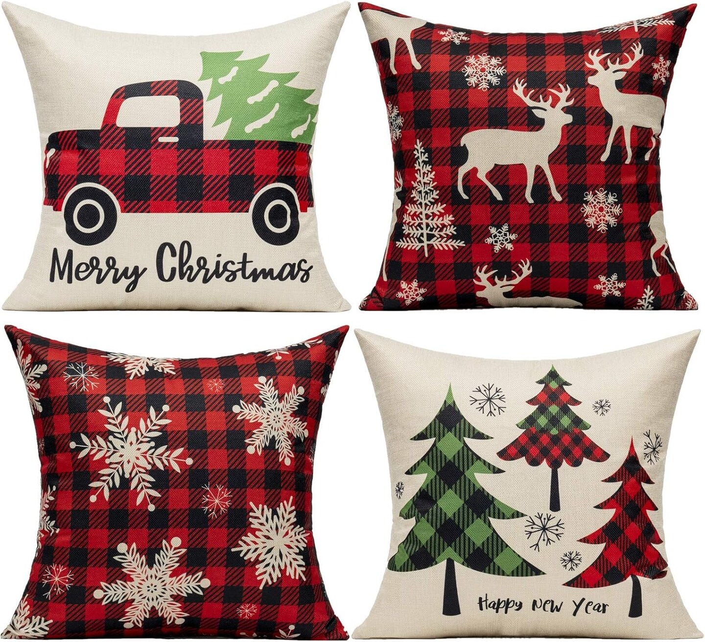 Christmas Throw Pillow Covers Decorations Outdoor 18x18 Set of 4 Farmhouse Buffalo Check Xmas Red Deer Cushion Cases Winter Living Room Snow Holiday Home Decor for Couch Porch Indoor Navidad