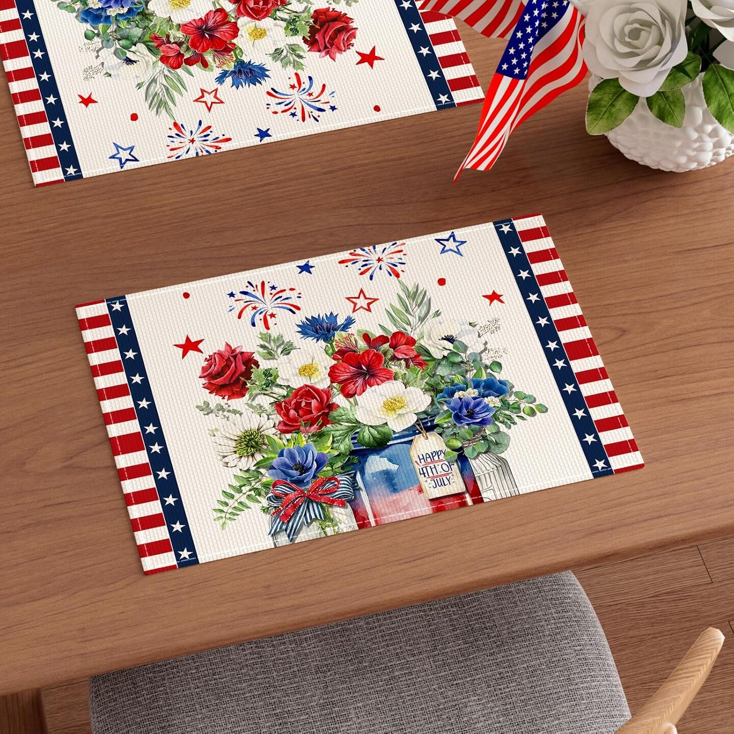 Stripes Colorful Flowers Vases Stars Fireworks Patriotic America 4th of July Memorial Day Independence Day Placemats Set of 4 Table Mats Decorations 12x18 Inch