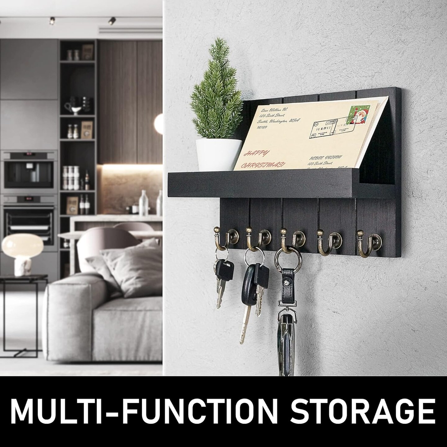 Decorative Farmhouse Key Holder for Wall - Modern Key Racks for Wall Decor Living Room and Mail Organizer with Shelf for Apartment Essentials