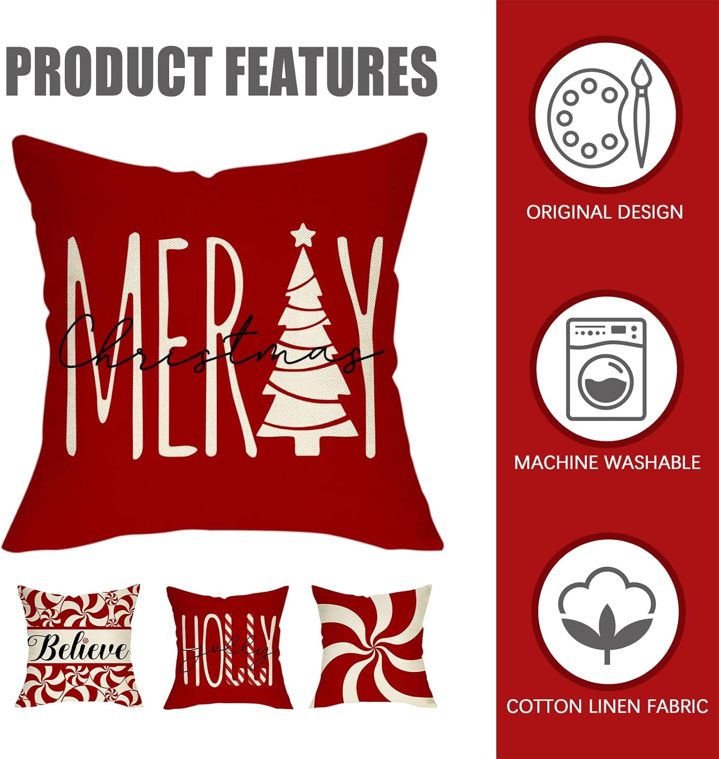 Merry Christmas Tree Decorative Throw Pillow Cover 18 x 18 Set of 4, Xmas Red Candy Canes Porch Patio Outdoor Pillowcase, Winter Holiday Holly Jolly Gifts Cushion Case Home Decor