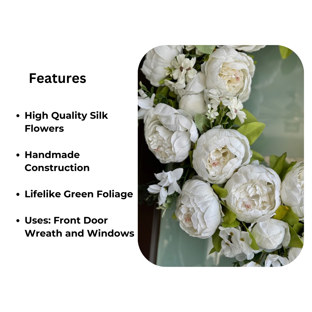 Zoey White Green Faux Peony Flower Wreath 23&#x22; All Season Indoor Outdoor Decor
