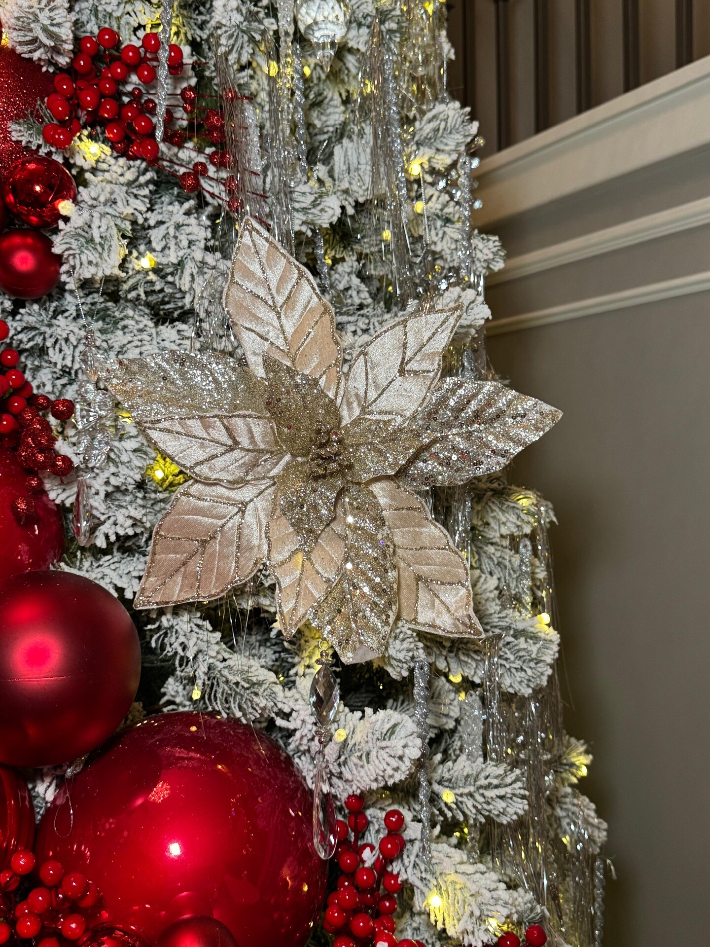 Champagne Glittered Poinsettia Christmas Flower Stem Spray 13&#x27;&#x27; Set of 3