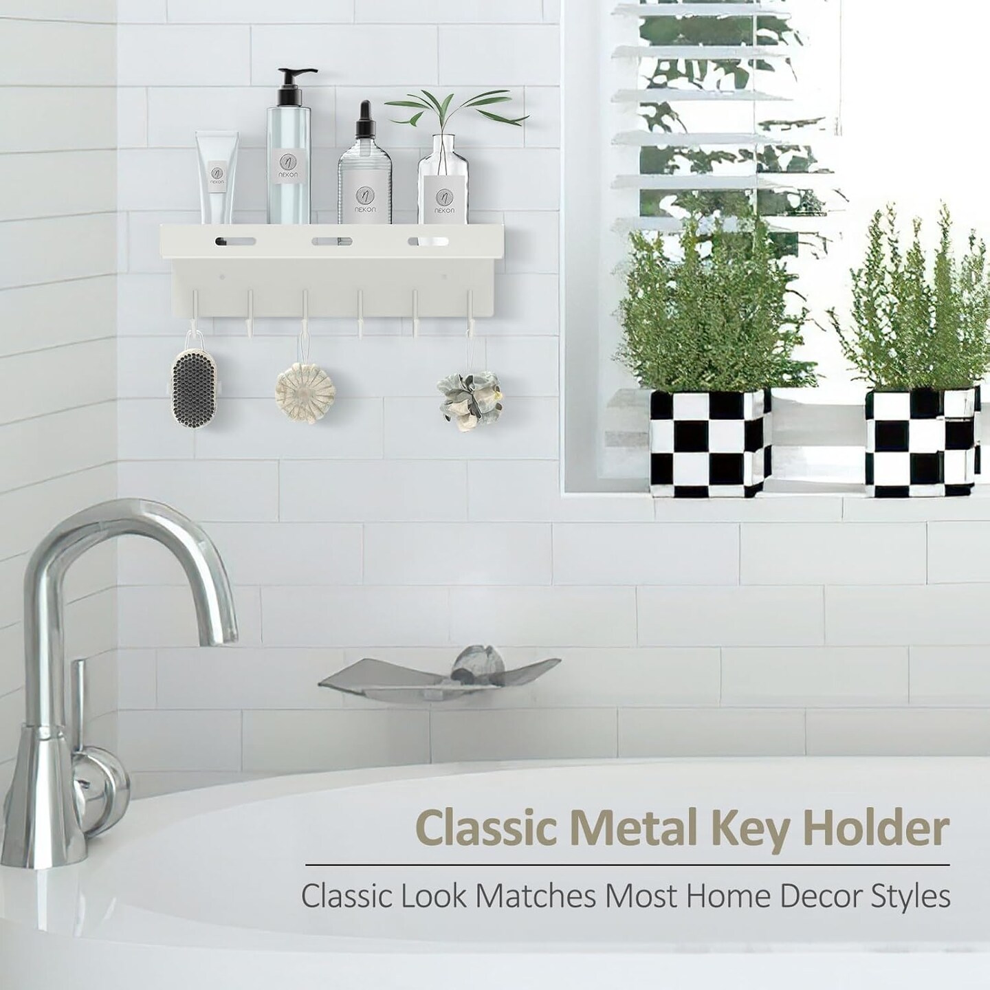 Key Holder Wall Mount, 9.6 Inch Self Adhesive Key Hanger with 6 Hooks, Metal Mail Organizer with Tray for Hallway Kitchen Farmhouse Decor