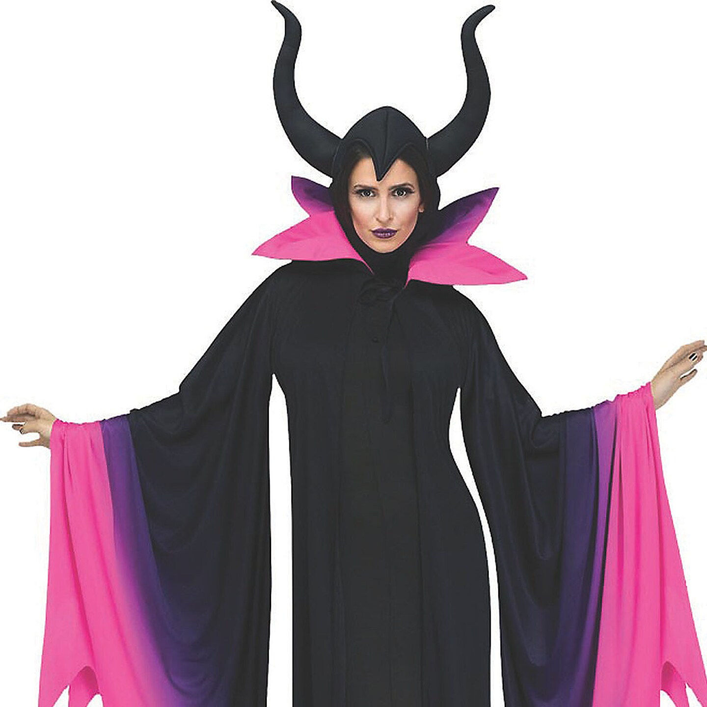 Evil Queen Adult Costume Black Robe With Pink Collar and Horned Cap