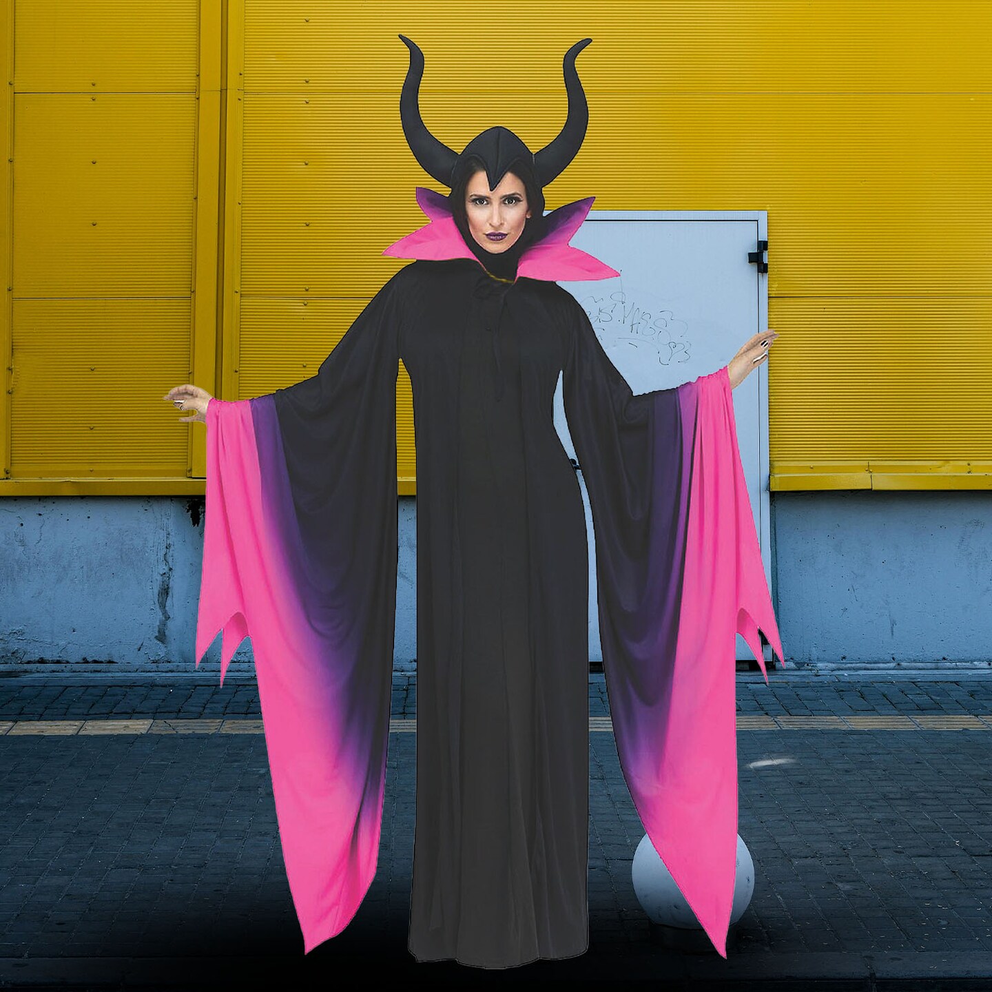 Evil Queen Adult Costume Black Robe With Pink Collar and Horned Cap