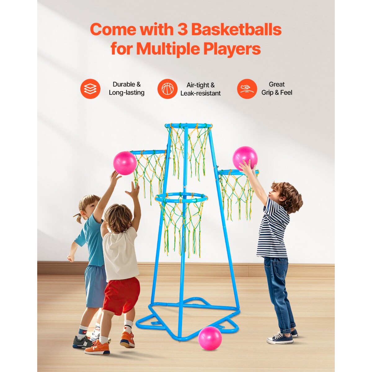 Blue Metal Kids Basketball Hoop with 4 Heights and Triangular Base