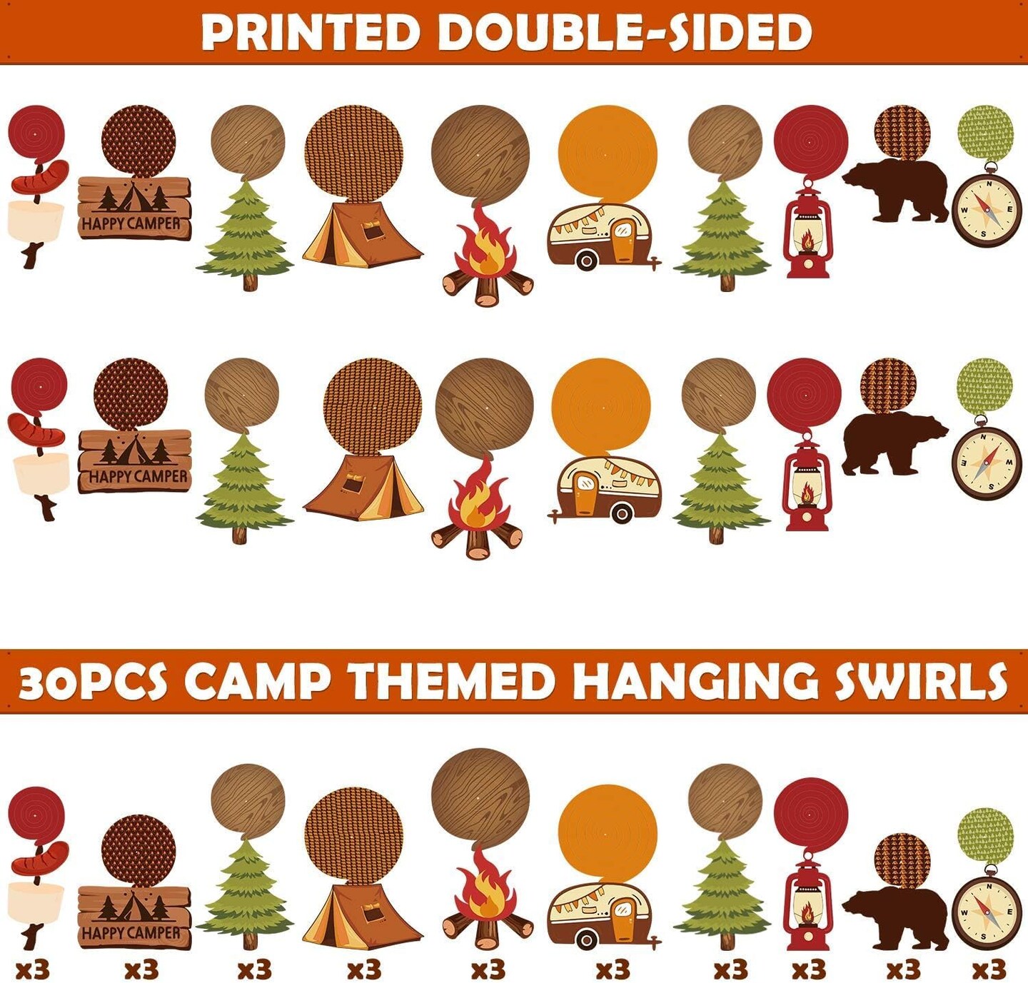 30-Piece Happy Camper Hanging Swirl Decorations | Camping Theme Foil Ceiling Danglers with Tent & S'more Cutouts for Kids Birthday, Adventure Baby Shower & Outdoor Party Supplies