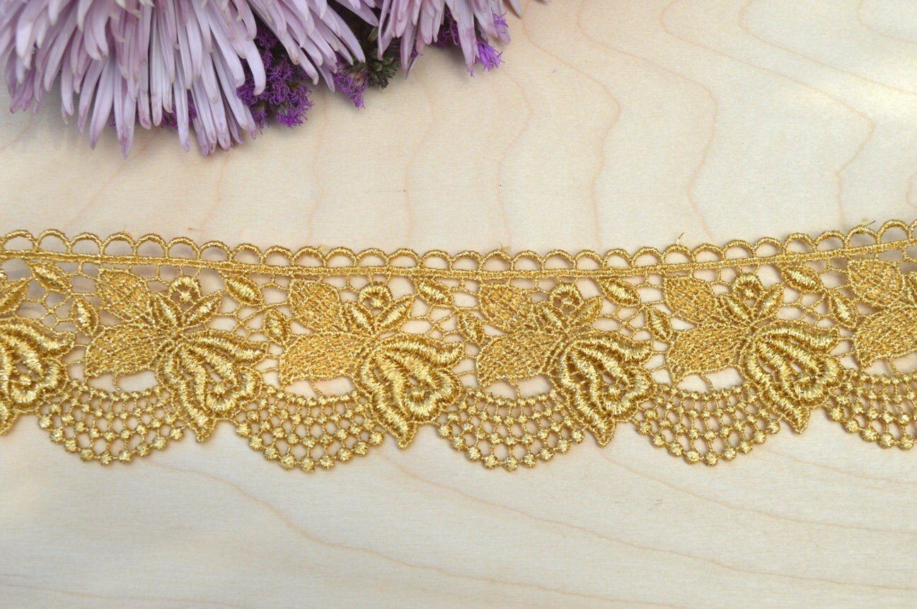 1 Yard Ignaces Gold Metallic Floral Roses Scalloped Venice Lace Trim for Gowns Costumes and Home Decor 2 Inch wide