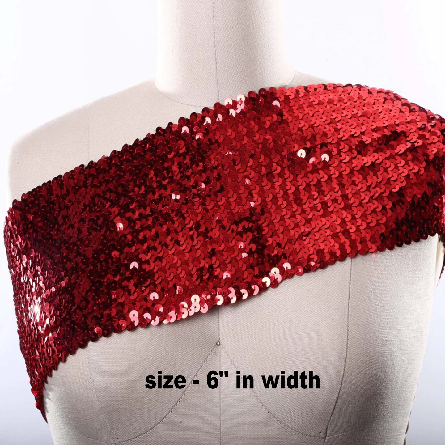 1 Yard 6" Wide Red Stretch Sequin Trim Bold Flat Round Sparkle