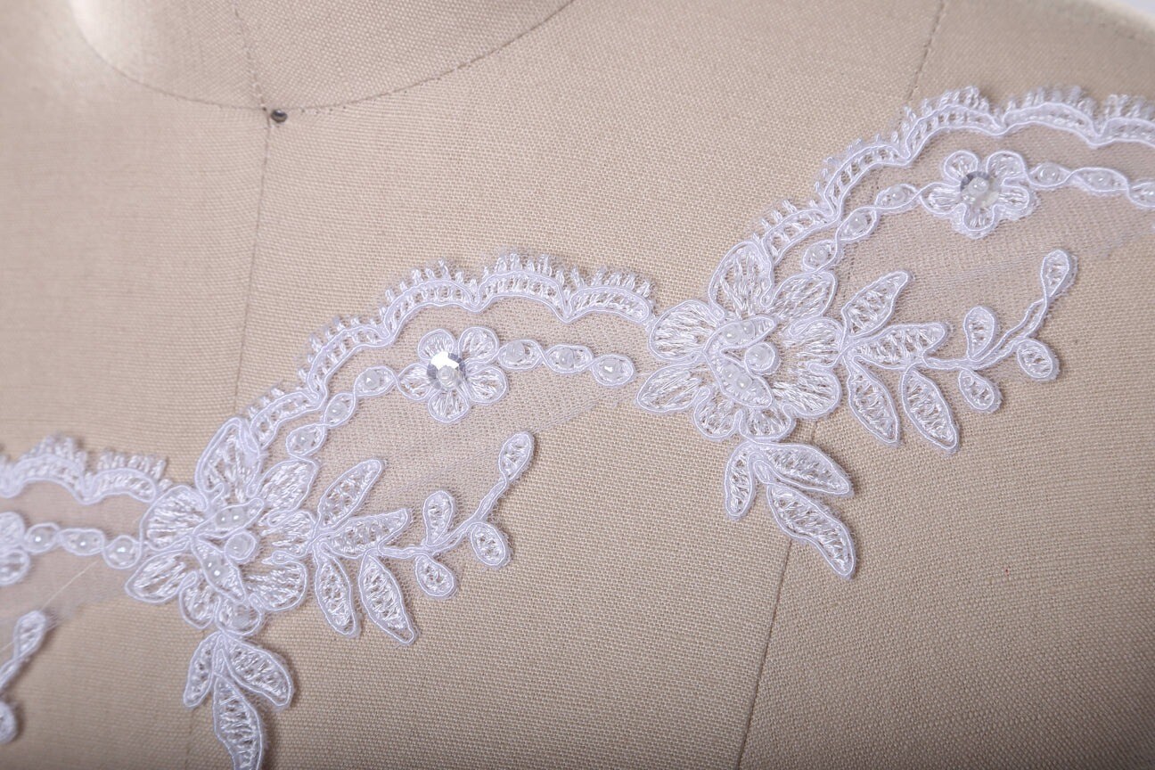 1 Yard White Embroidered Alencon Beaded Bridal Lace Trim for Veils Wedding Gowns and Formal Decor 2 Inch Wide