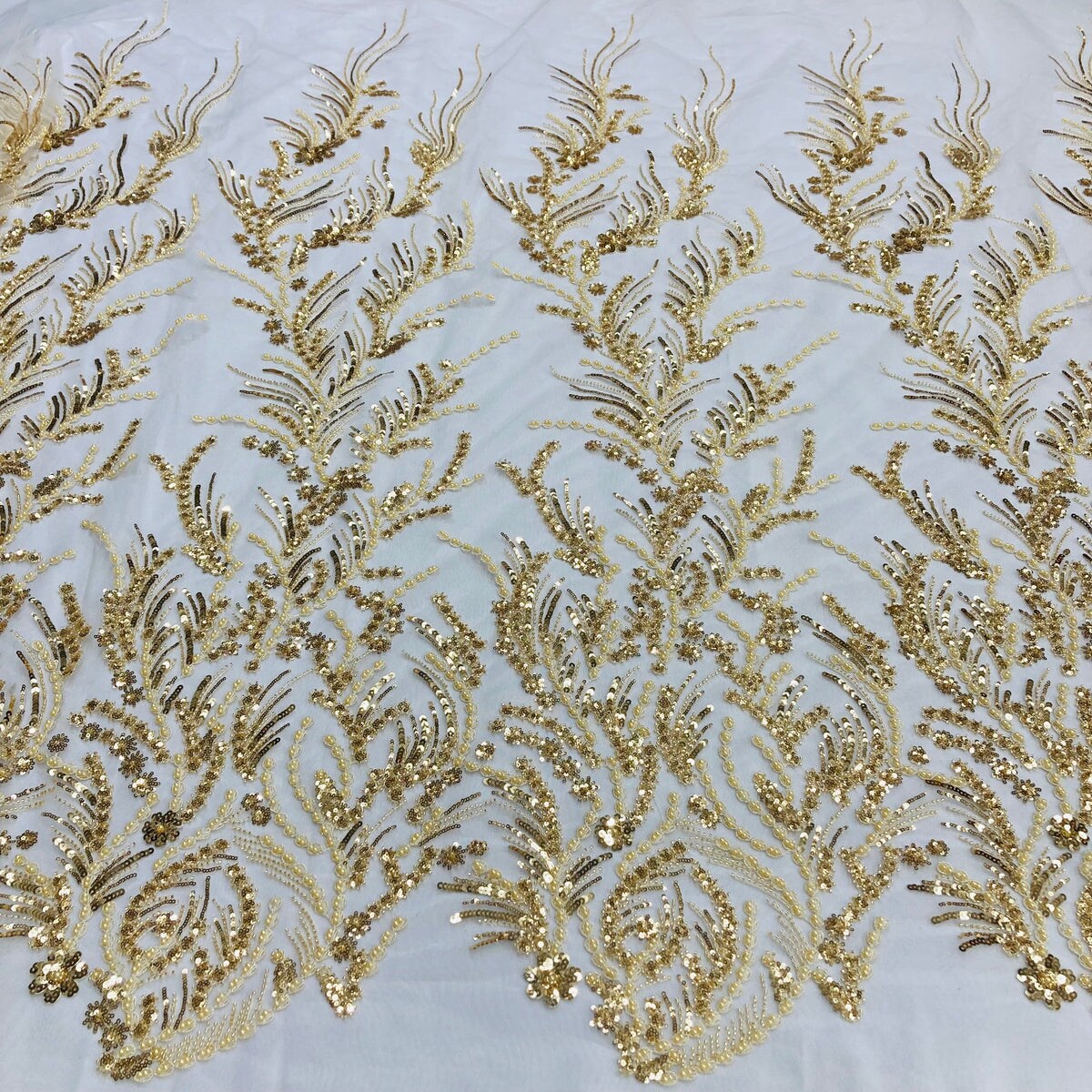 1 Yard Elegant Beaded Lace Fabric with Embroidered Floral Design on 100% Polyester Mesh, GD-210904