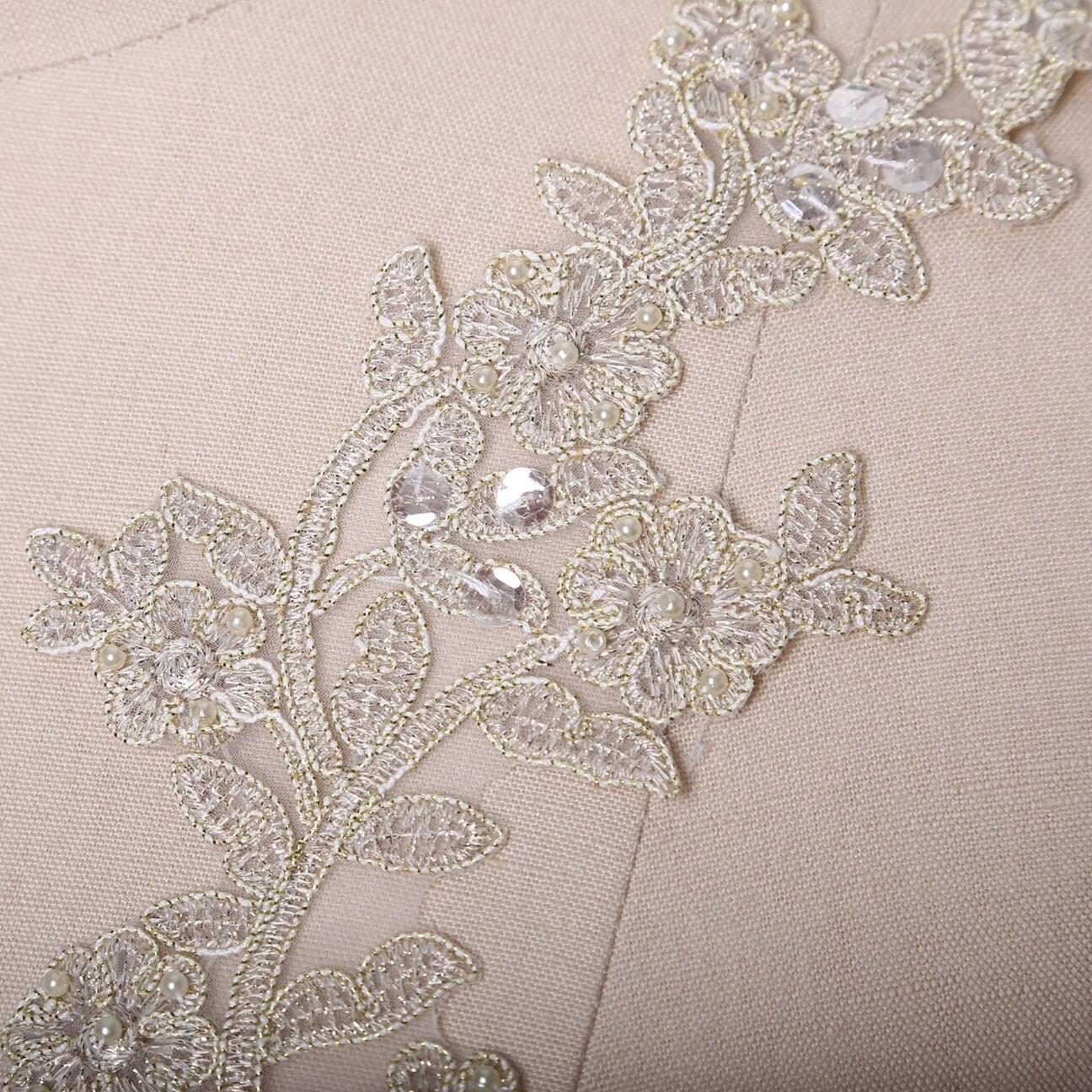 Champagne Antique Gold Sequin Beaded Flower Lace Applique Set On Chiffon Fabric
