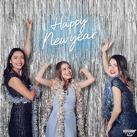 Large Silver Backdrop Curtain - 3.2x8 Feet, Pack of 2, Silver Streamers Backdrop | Happy New Year Backdrop for Happy New Year Decorations | Silver Fringe Backdrop for Silver Party Decorations
